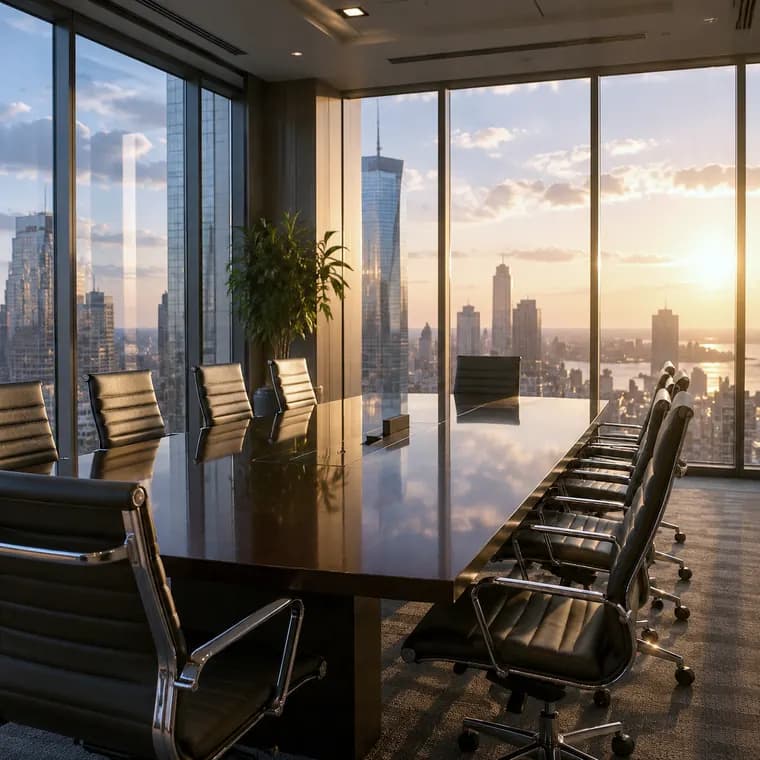 A boardroom overlooking a city skyline at golden hour